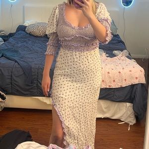 For love and lemons lavender gingham and flower print asymmetrical slit dress